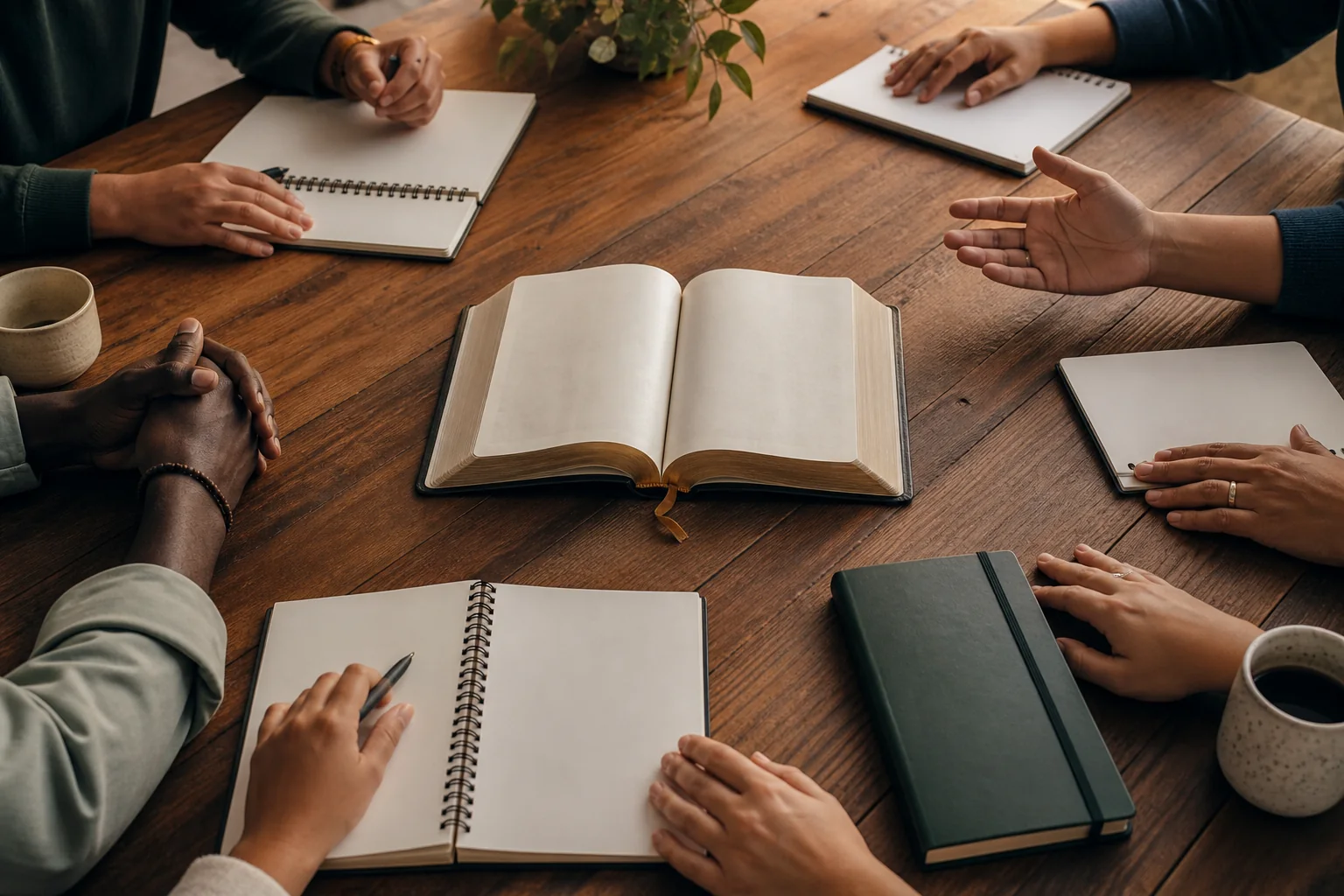 Pessoas reunidas ao redor da Bíblia com cadernos de estudo