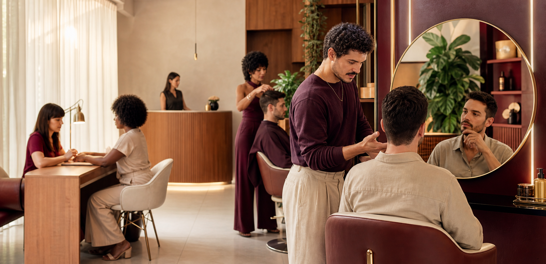 Equipe de beleza e bem-estar atendendo clientes em um estabelecimento integrado ao GAtende
