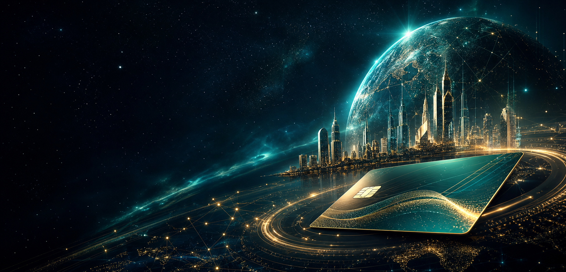 GBytsBank em uma cena futurista com galáxia, cidade financeira e cartão digital