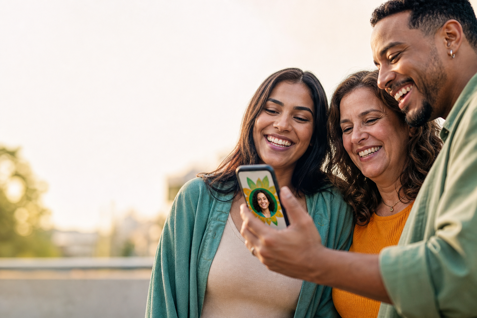 Três pessoas sorrindo enquanto testam uma moldura de apoio no celular