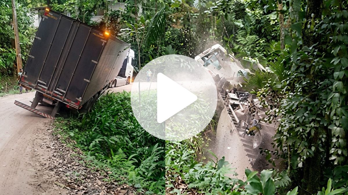 VÍDEO: Carreta tomba em ‘câmera lenta’ em barranco de SC