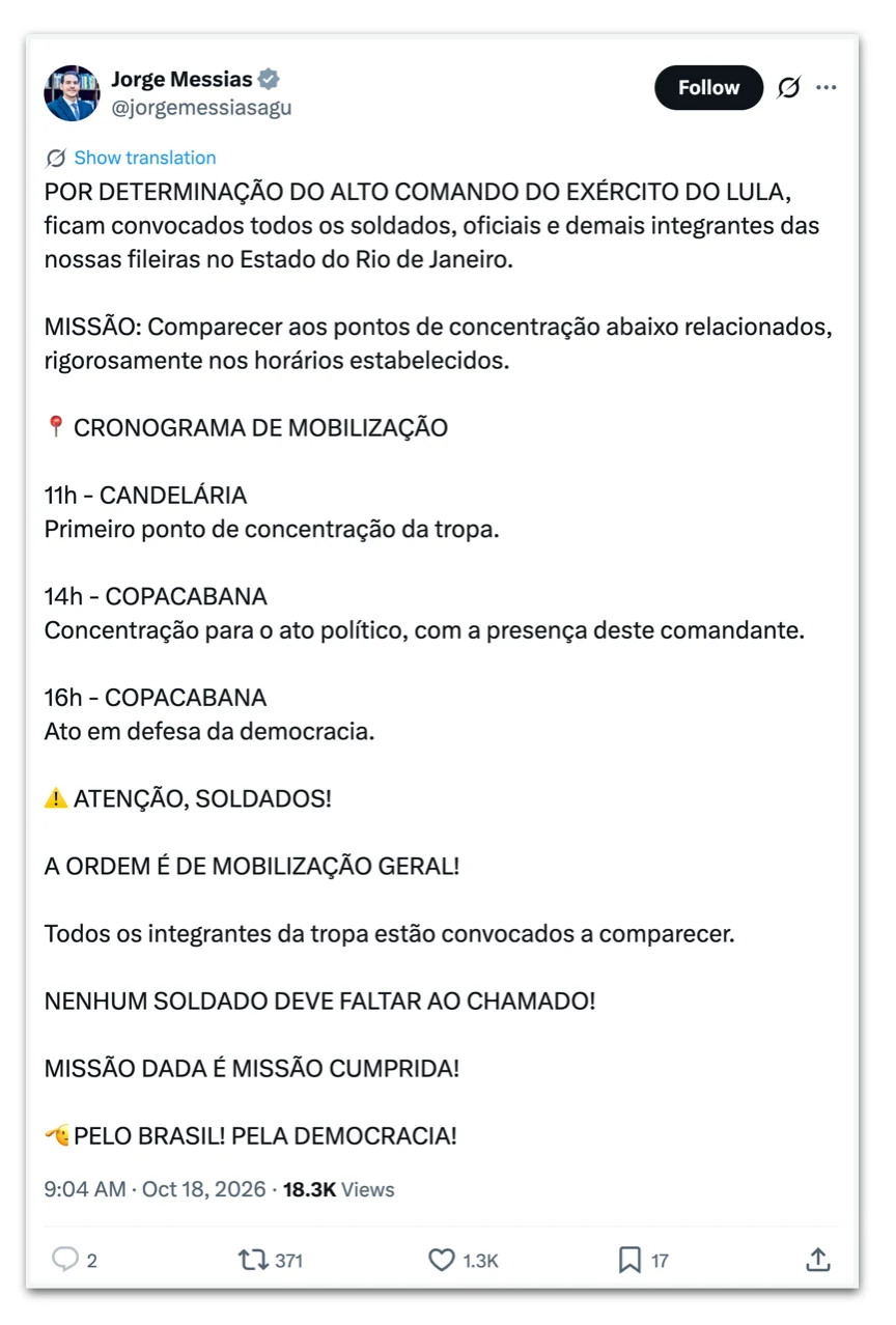 Messias convoca integrantes do Exército do Lula para atos no RJ