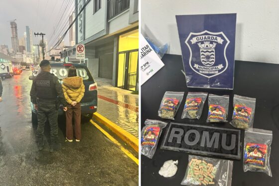 Mulher acelera ao ver viatura, quase bate e é presa com drogas em BC