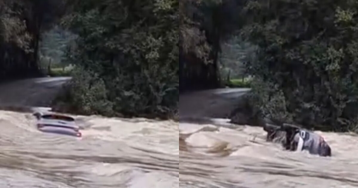 VÍDEO - Casal e duas crianças são resgatados antes de carro ser arrastado por rio, em Urubici