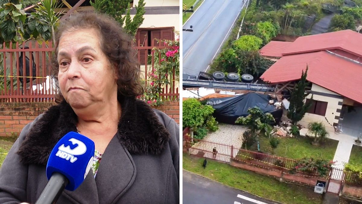 ‘Levei um choque’: Ligação pouco antes de acidente salvou a vida de moradora que teve casa destruída por caminhão na BR-101 em SC