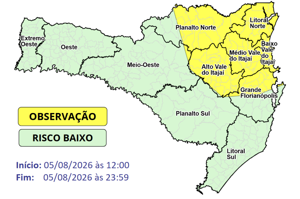 Observação Meteorológica SDC/SC 05/08 10:30 - Temporais isolados entre tarde e noite desta quarta-feira (05) - Secretaria de Estado da Proteção e Defesa Civil de Santa Catarina