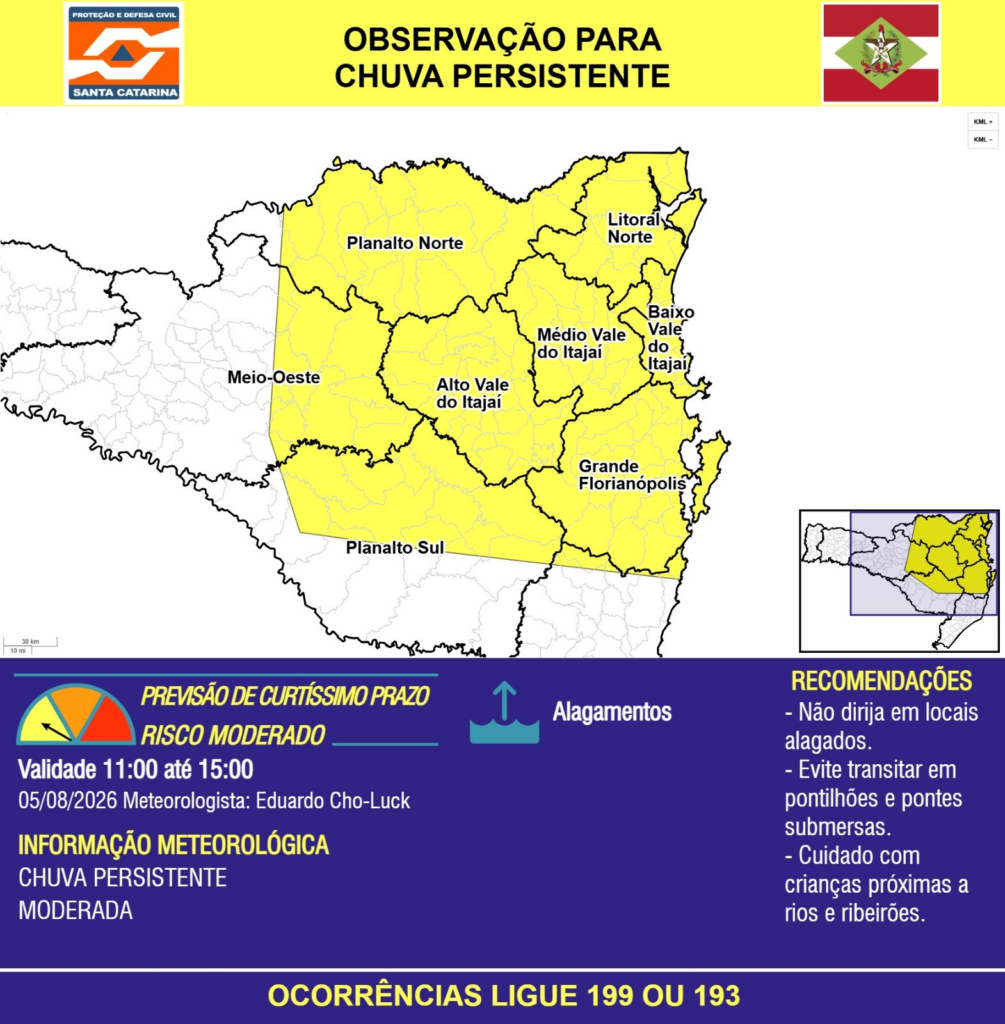 OBSERVAÇÃO - 05/08 11:00 - CHUVA PERSISTENTE de intensidade moderada com ALAGAMENTOS pontuais nas próximas 4 horas. Ocorrências ligue 199 ou 193. - Secretaria de Estado da Proteção e Defesa Civil de Santa Catarina