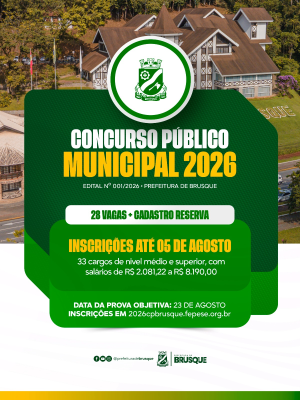 Concurso público da Prefeitura de Brusque encerra inscrições e pagamento da taxa nesta quarta-feira (5)