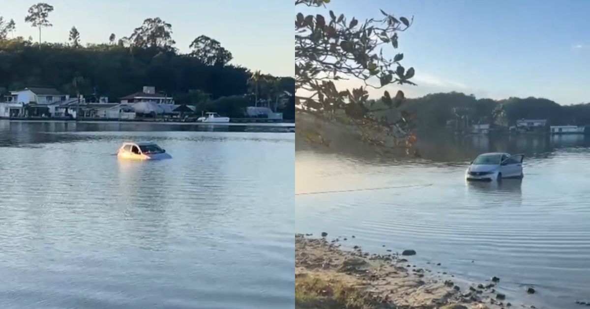 VÍDEO: Motorista abandona carro dentro da Lagoa da Conceição e veículo passa por resgate em Florianópolis