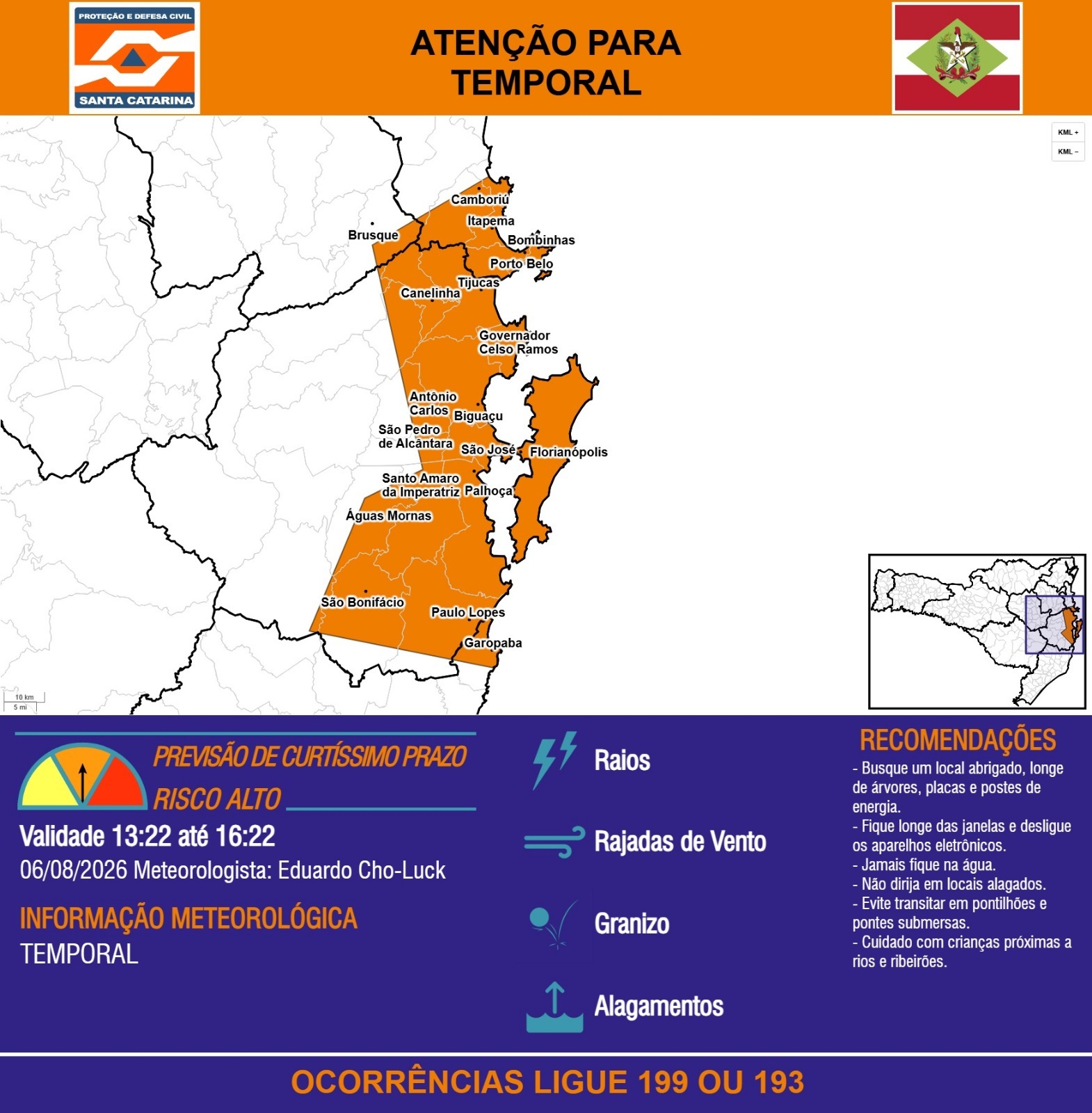Defesa Civil alerta para risco de temporais em Balneário Camboriú nesta quinta-feira