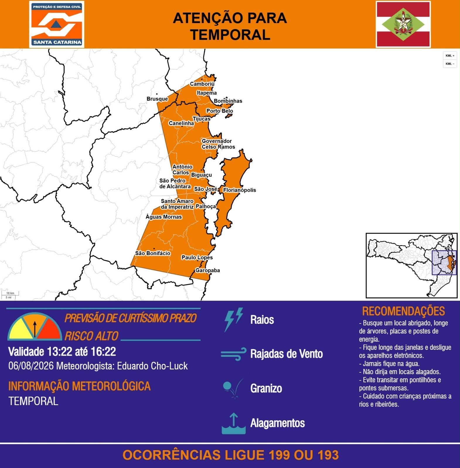 Defesa Civil de Itapema emite alerta laranja para temporais nesta quinta-feira
