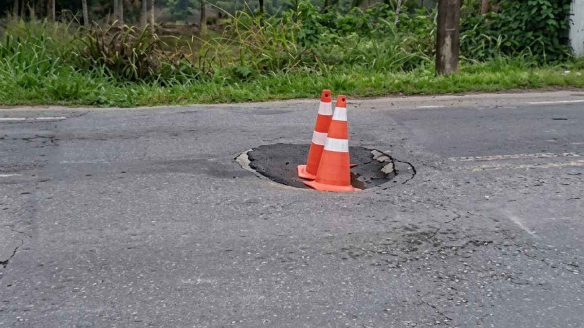 Asfalto afunda, abre buraco e interdita parcialmente trecho da BR-470 em SC