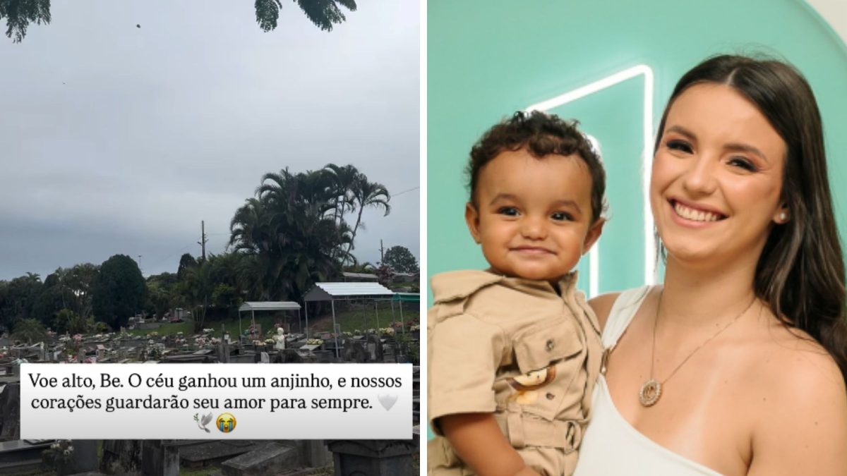 ‘Céu ganhou um anjo’: esposa de Gustavo Simões diz último adeus ao filho de 2 anos durante enterro
