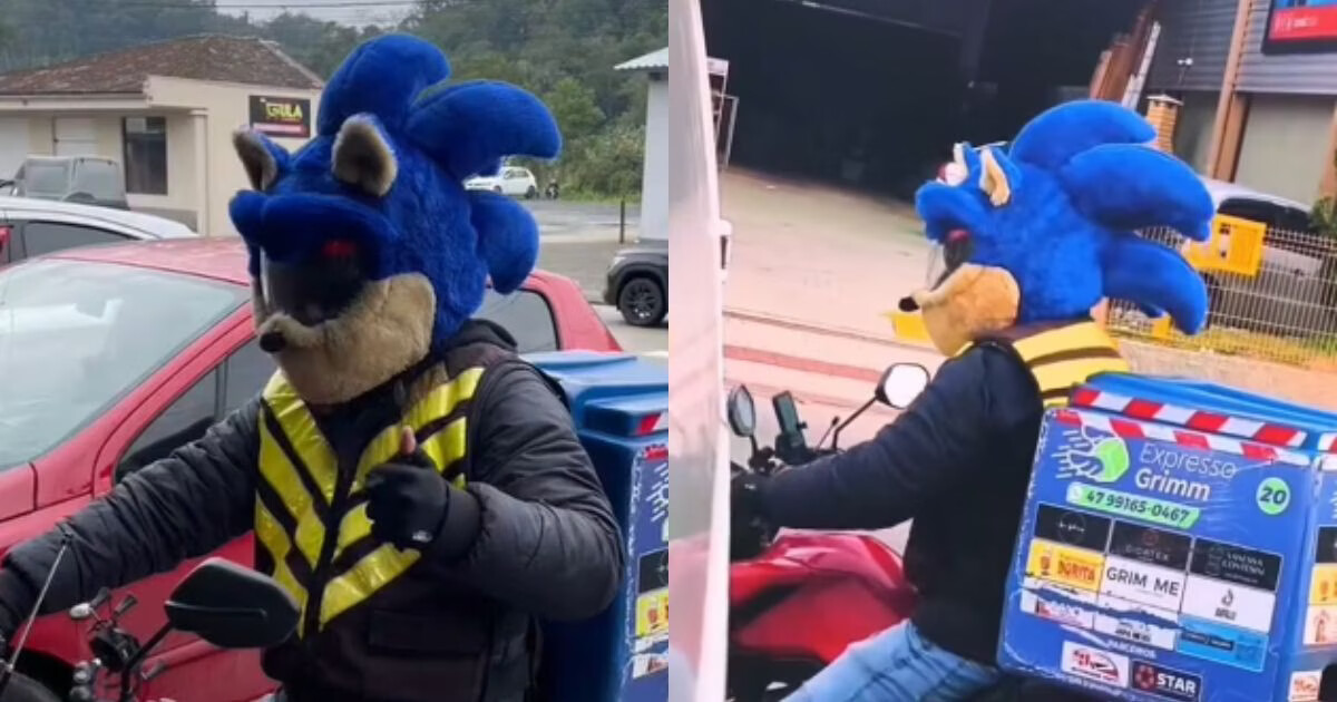 “Eu não trabalho, eu me divirto”: motoboy vestido de Sonic chama a atenção durante entregas em Brusque