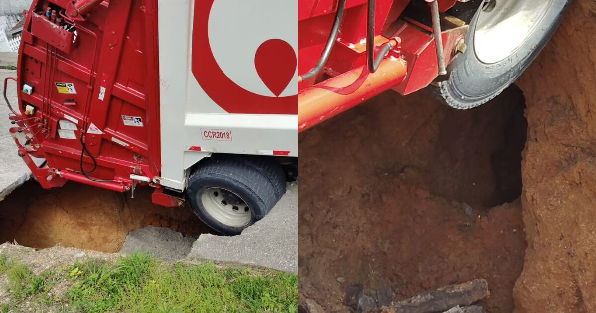 Asfalto cede em trecho de rua de Brusque e caminhão fica preso