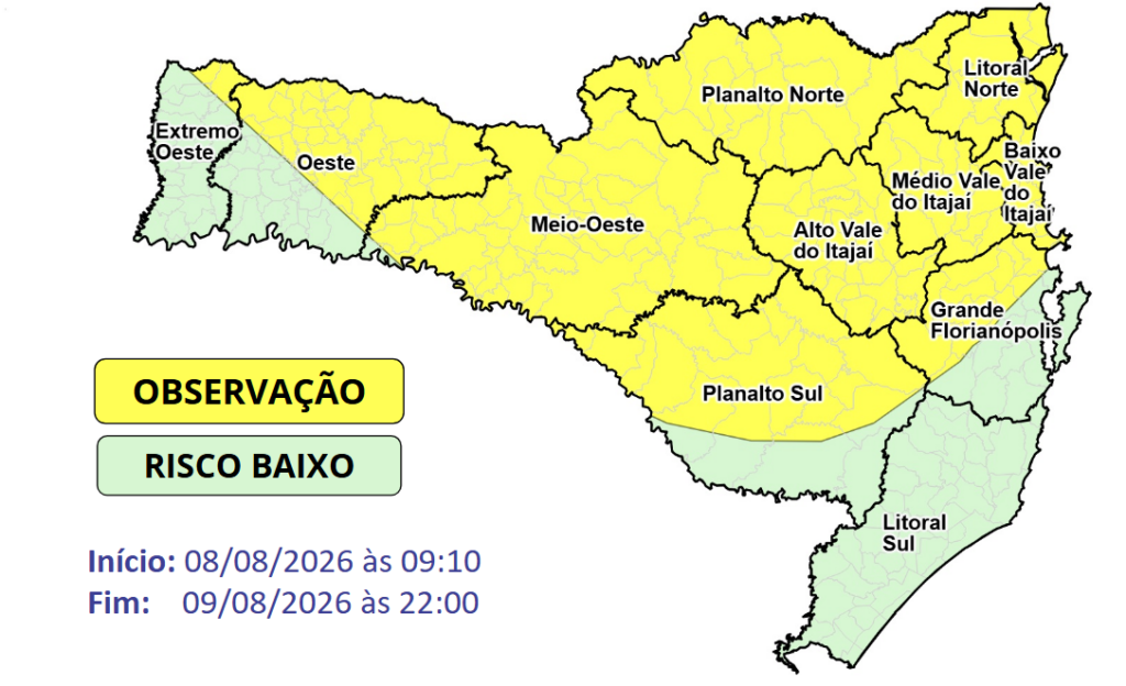 Atualização: Observação Meteorológica SDC/SC 08/08 09:20 - Temporais isolados e chuva pontualmente intensa entre esse sábado (08) e o domingo (09) - Secretaria de Estado da Proteção e Defesa Civil de Santa Catarina