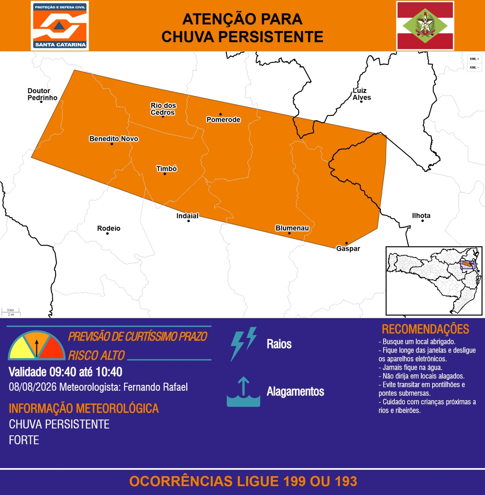 ATENÇÃO - 08/08 09:40 - CHUVA PERSISTENTE de intensidade forte com RAIOS e ALAGAMENTOS na próxima 1h - Secretaria de Estado da Proteção e Defesa Civil de Santa Catarina