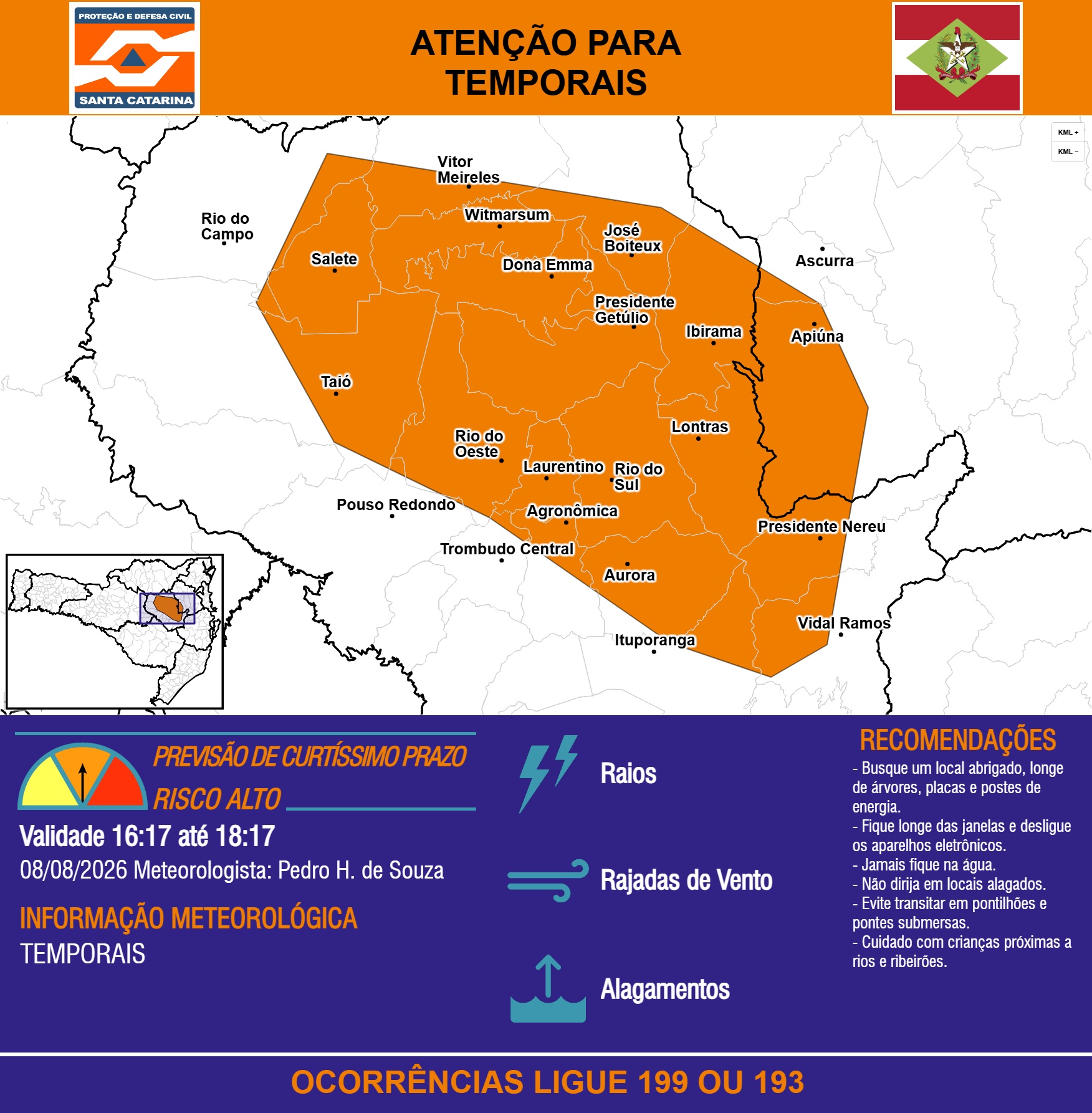 ATENÇÃO - 08/08 16:17 - TEMPORAIS com RAIOS, RAJADAS DE VENTO e ALAGAMENTOS nas próximas 2 horas - Secretaria de Estado da Proteção e Defesa Civil de Santa Catarina