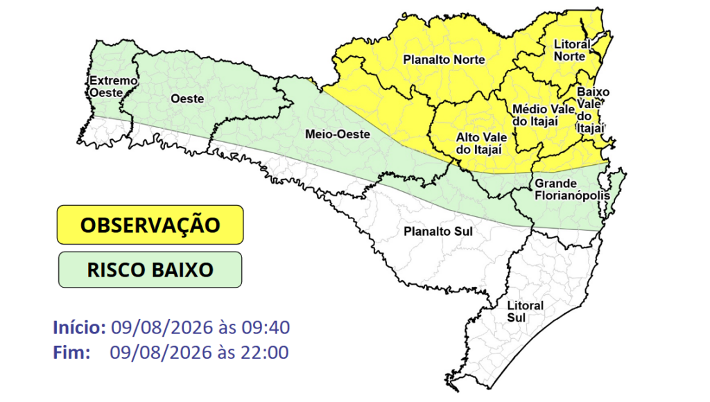 Atualização: Observação Meteorológica SDC/SC 09/08 09:40 - Chuva pontualmente intensa no decorrer deste domingo (09) - Secretaria de Estado da Proteção e Defesa Civil de Santa Catarina