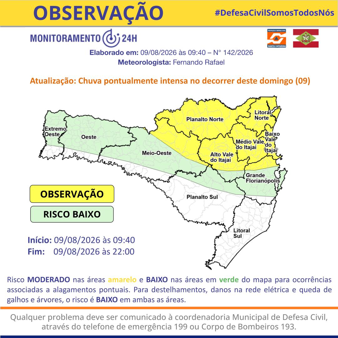 Defesa Civil alerta para risco de chuva intensa neste domingo