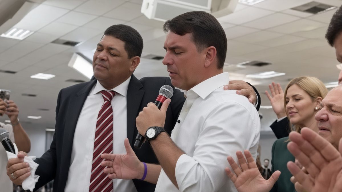 Flávio Bolsonaro chora no ombro de Valdemiro Santiago em culto do Dia dos Pais: ‘Abraça o seu pai, hoje pode ser a última vez’