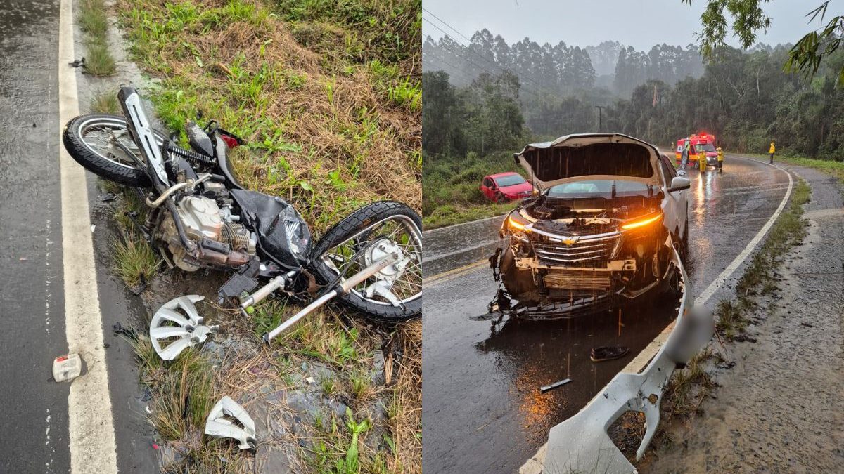 Motorista perde controle do carro em curva, roda na pista, atinge e mata motociclista em rodovia de SC