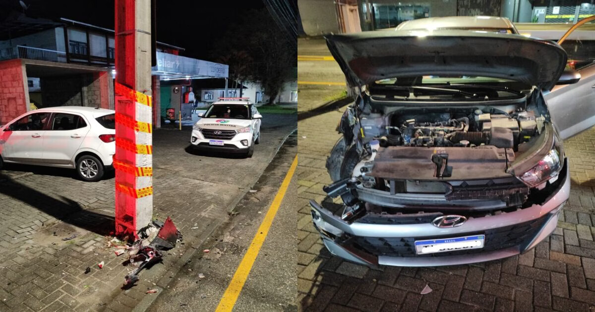 Adolescente fica ferida e motorista deixa o local após bater carro em poste, em Gaspar
