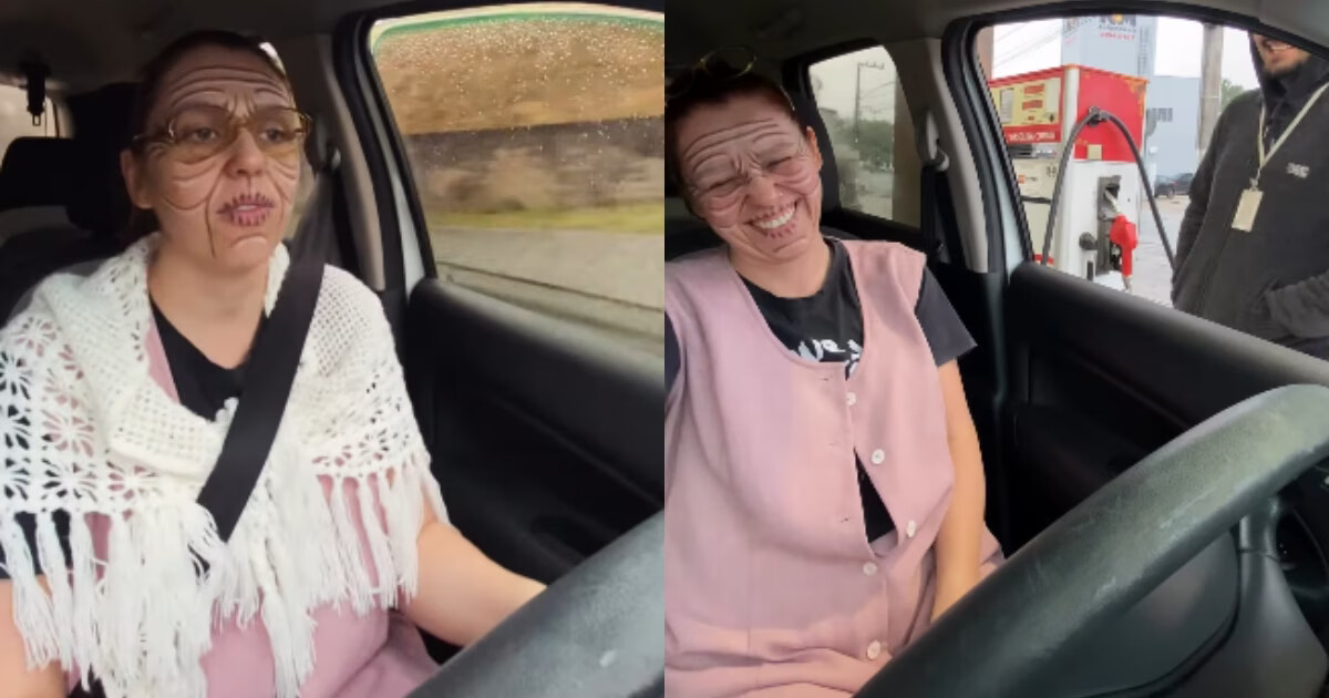 VÍDEO - Atriz que interpreta "Dona Trude" cai na risada com frentista após abastecer caracterizada