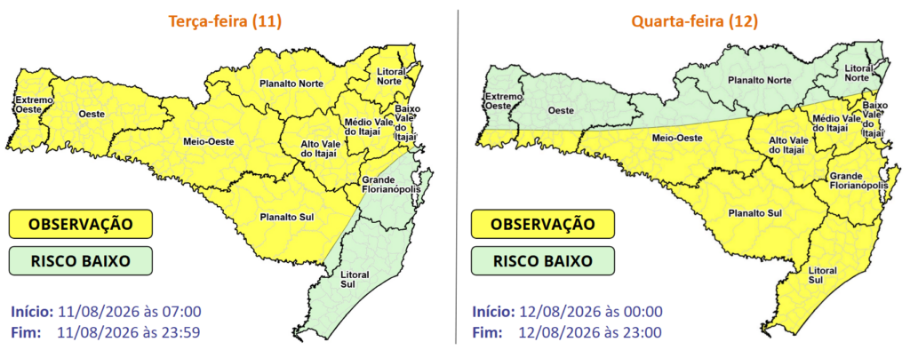 Observação Meteorológica SDC/SC 10/08 11:00 - Chuva pontualmente intensa e temporais isolados entre terça (11) e quarta-feira (12) - Secretaria de Estado da Proteção e Defesa Civil de Santa Catarina