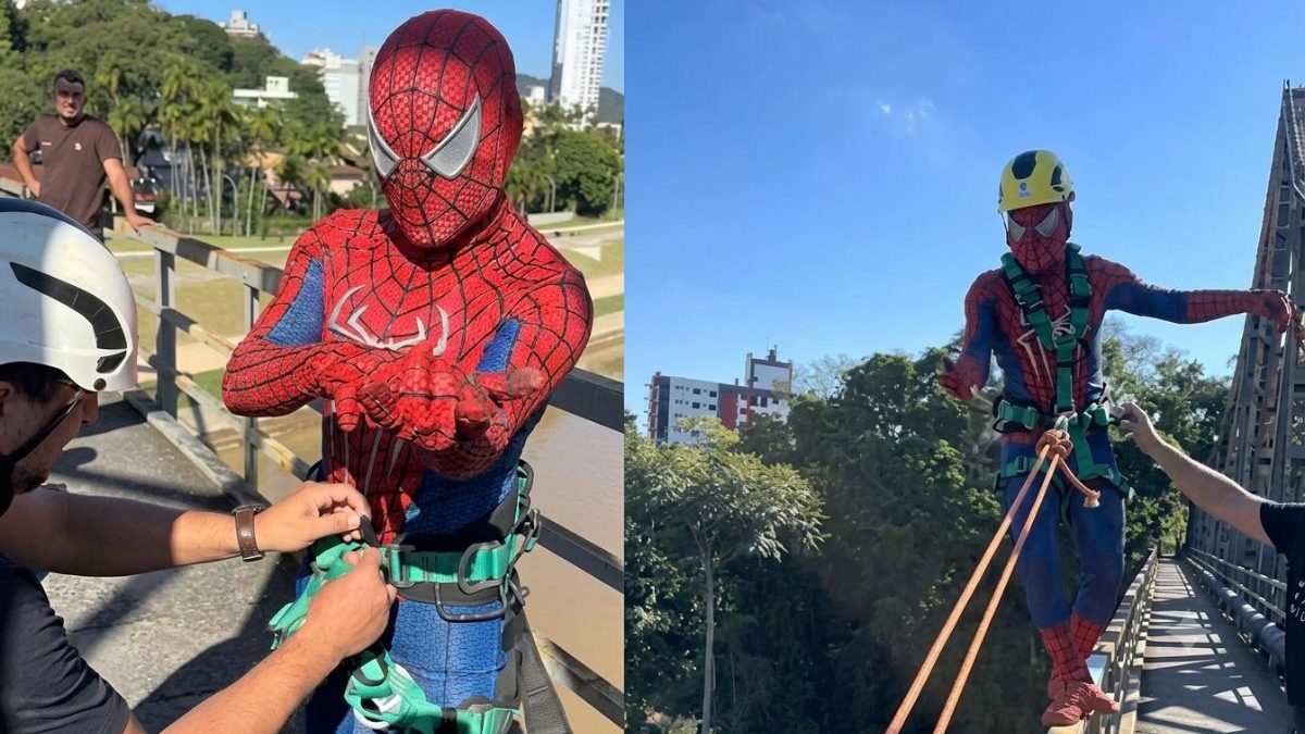 ‘Tem coragem?’: moradores recebem convite inusitado no meio da rua e aceitam saltar de ponte em Blumenau