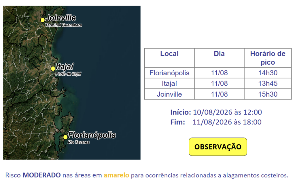 Atualização: Observação Marítima SDC/SC 11/08 11:00 - Alagamentos costeiros na tarde desta terça-feira (11) - Secretaria de Estado da Proteção e Defesa Civil de Santa Catarina