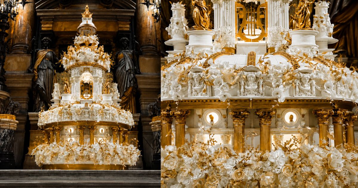 Um confeiteiro levou meses para erguer um bolo de casamento gigante de 3,5 metros para a realeza; a invenção impressiona quando 500 quilos de bolo levou 1.800 horas de trabalho e pouca massa
