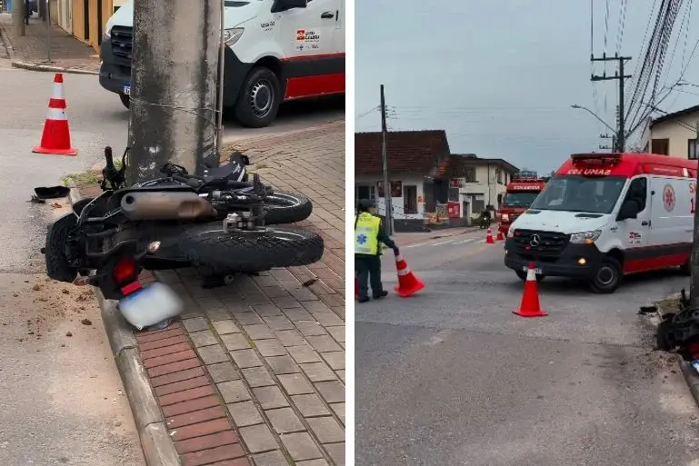 (VÍDEO) Motociclista fica ferida após colidir contra poste em Brusque