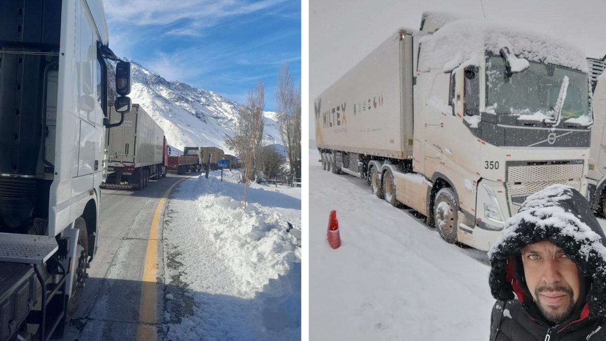 Frio de -6°C e estradas cobertas de neve desafiam caminhoneiros de SC nos Andes