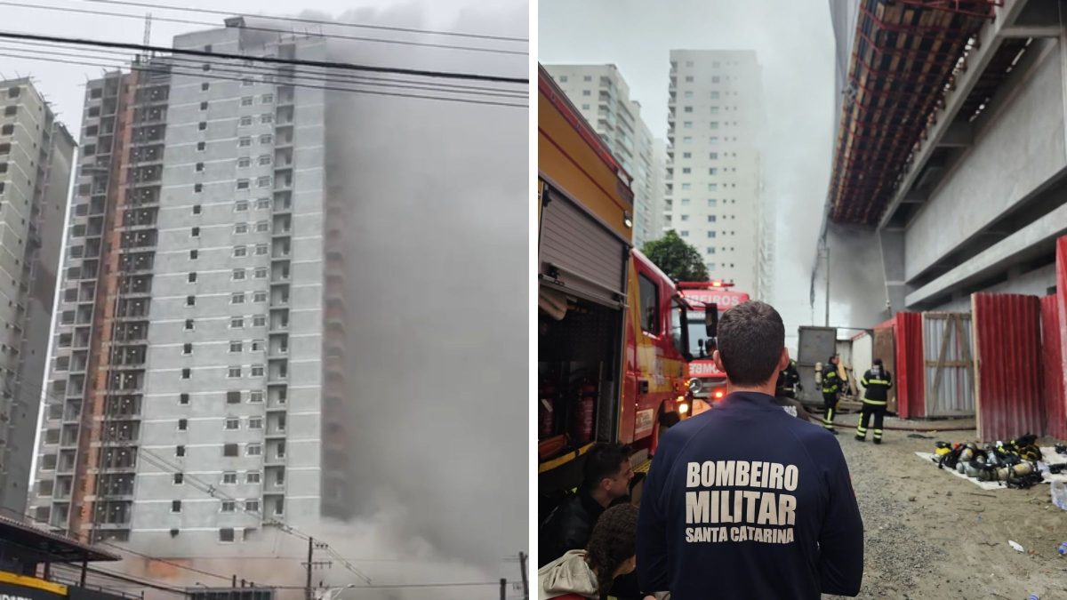 Balneário Piçarras fica ‘coberta por fumaça’ em incêndio de prédio e mobiliza bombeiros de três cidades