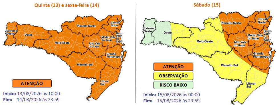 Atualização: Atenção Meteorológica SDC/SC 13/08 10:00 - Temporais com granizo e chuva intensa entre a quinta-feira (13) e o sábado (15) - Secretaria de Estado da Proteção e Defesa Civil de Santa Catarina