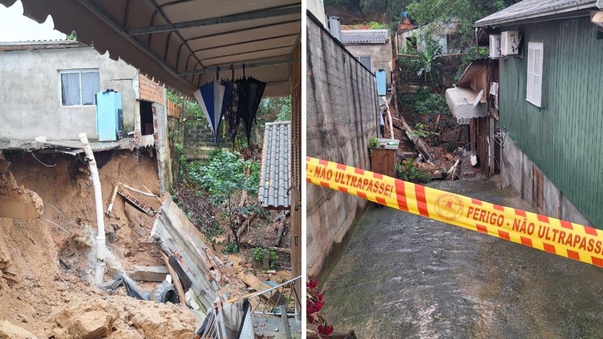 Deslizamento de terra derruba muro de comércio e famílias deixam imóveis por risco de casas caírem em cidade de SC