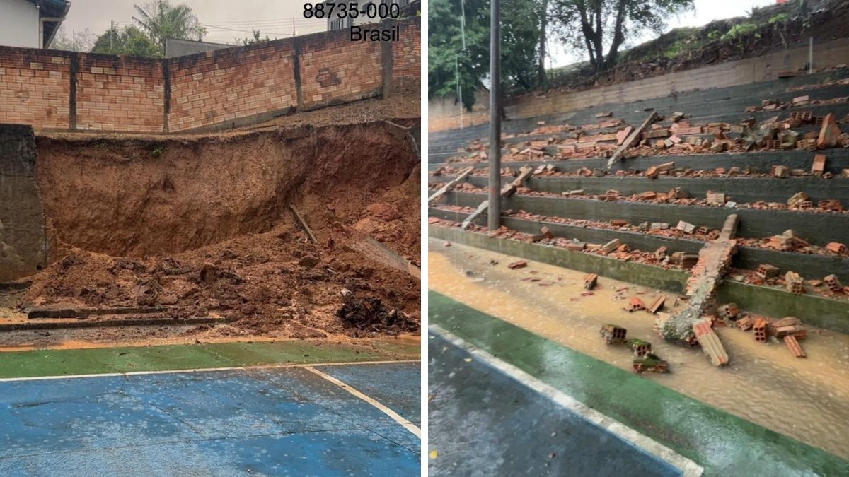 Muro de escola desaba na Capital Catarinense das Águas Termais devido as fortes chuvas