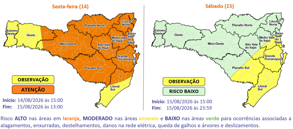 Atualização: Atenção Meteorológica SDC/SC 14/08 10:10 - Chuva intensa e temporais isolados entre a tarde de sexta (14) e sábado (15) - Secretaria de Estado da Proteção e Defesa Civil de Santa Catarina
