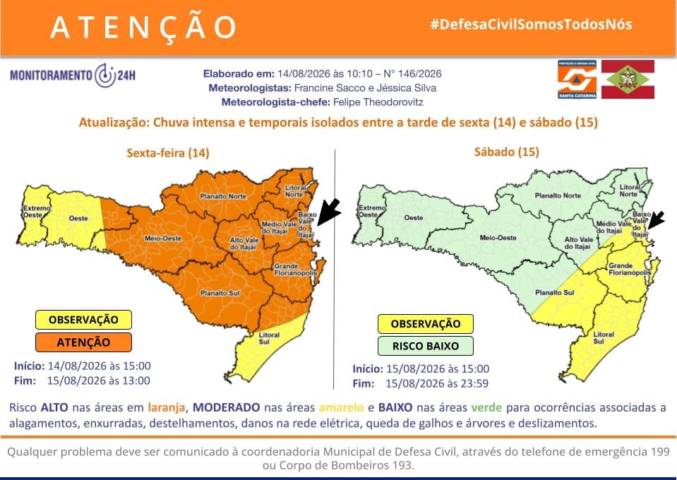 Defesa Civil alerta para chuva intensa e temporais isolados entre sexta e sábado