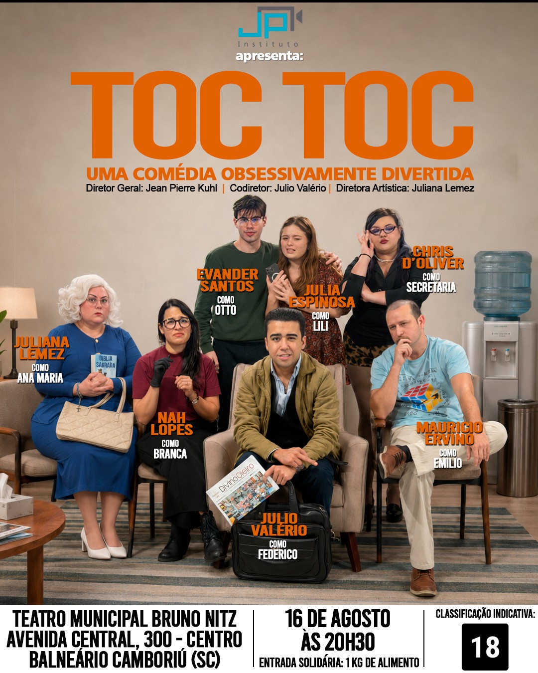 Peça “TOC TOC” estará em cartaz no Teatro Bruno Nitz neste domingo