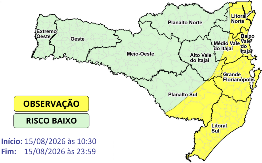 Observação Meteorológica SDC/SC 15/08 10:30 - Chuva persistente e temporais isolados neste sábado (15) - Secretaria de Estado da Proteção e Defesa Civil de Santa Catarina