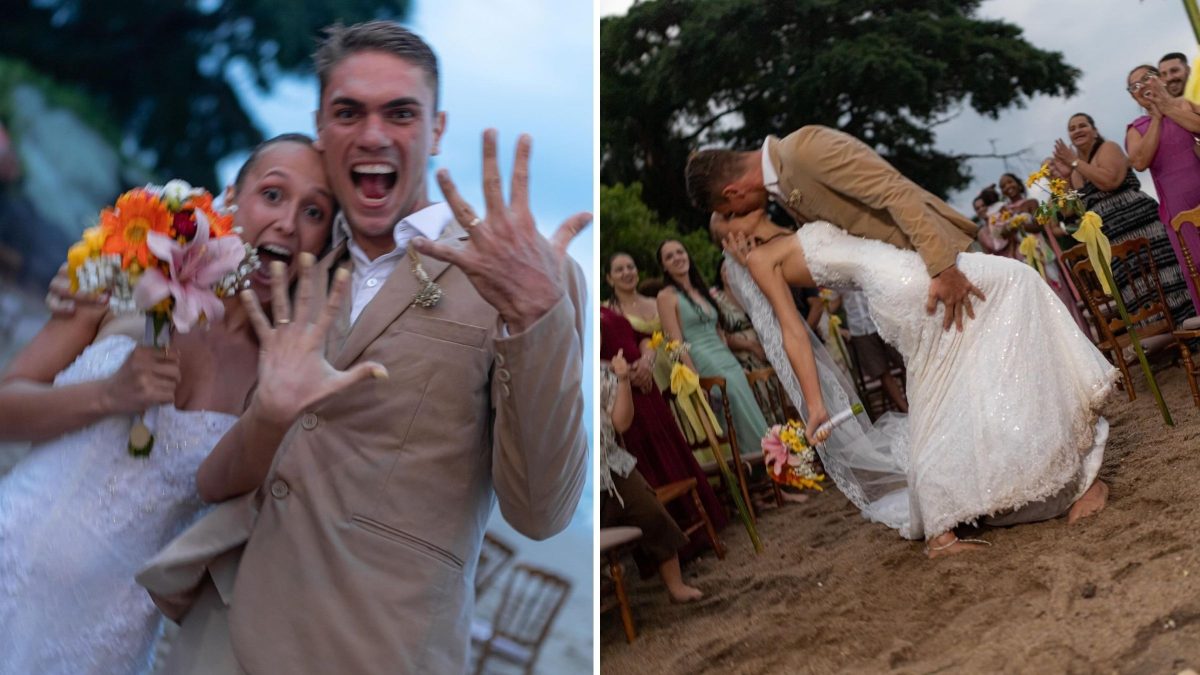 Casamento ao ar livre é atingido por temporal em SC e noivos ficam encharcados, mas decisão dos convidados diante da chuva transforma a cerimônia em cena emocio