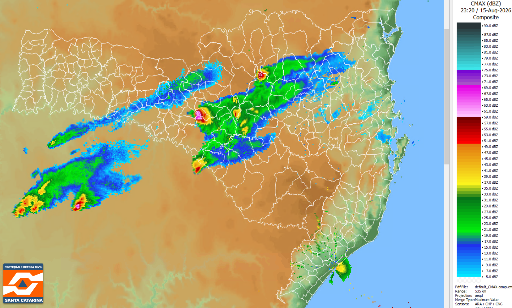 Monitoramento Meteorológico DC/SC 15/08 20:23 - Secretaria de Estado da Proteção e Defesa Civil de Santa Catarina