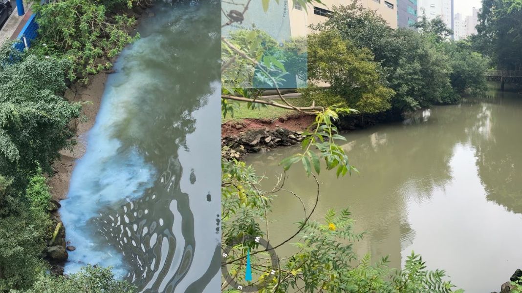 Moradora flagra mancha branca no Rio Marambaia nesta segunda-feira