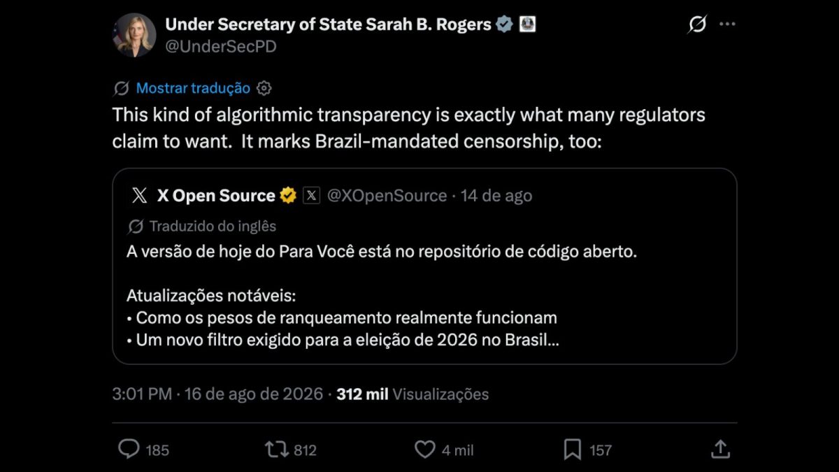 ‘Censura imposta pelo Brasil’: integrante do governo Trump critica mudança no X nas eleições