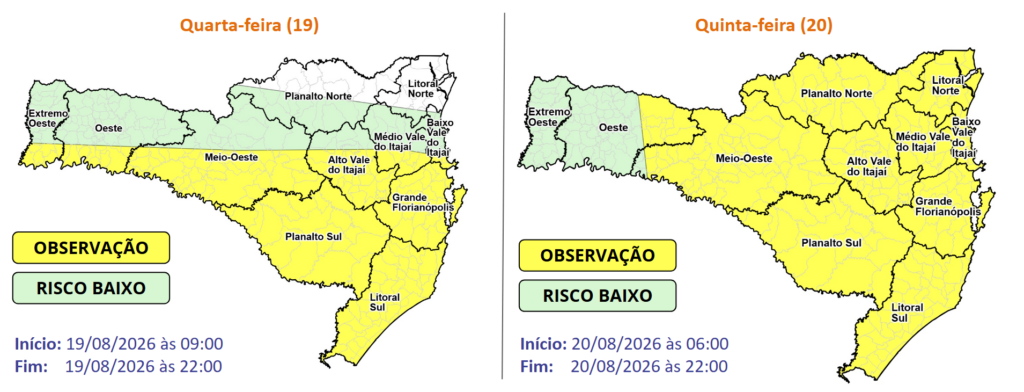 Observação Meteorológica SDC/SC 18/08 14:40 - Temporais isolados com granizo e rajadas de vento entre quarta (19) e quinta-feira (20) - Secretaria de Estado da Proteção e Defesa Civil de Santa Catarina