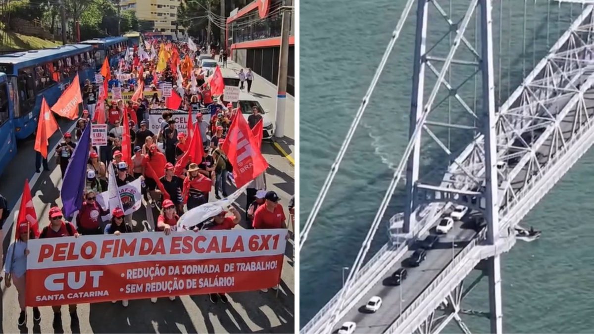 Marcha pelo fim da escala 6×1 bloqueia o trânsito na Ponte Hercílio Luz em Florianópolis