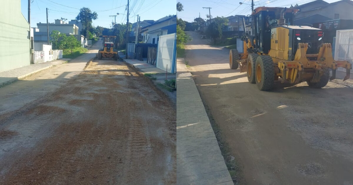 Reparo começa a ser realizado em rua cheia de buracos no bairro Águas Claras, em Brusque