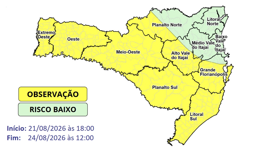 Atualização: Observação Meteorológica SDC/SC 21/08 10:10 - Frio intenso entre a noite desta sexta (21) e a segunda-feira (24) - Secretaria de Estado da Proteção e Defesa Civil de Santa Catarina